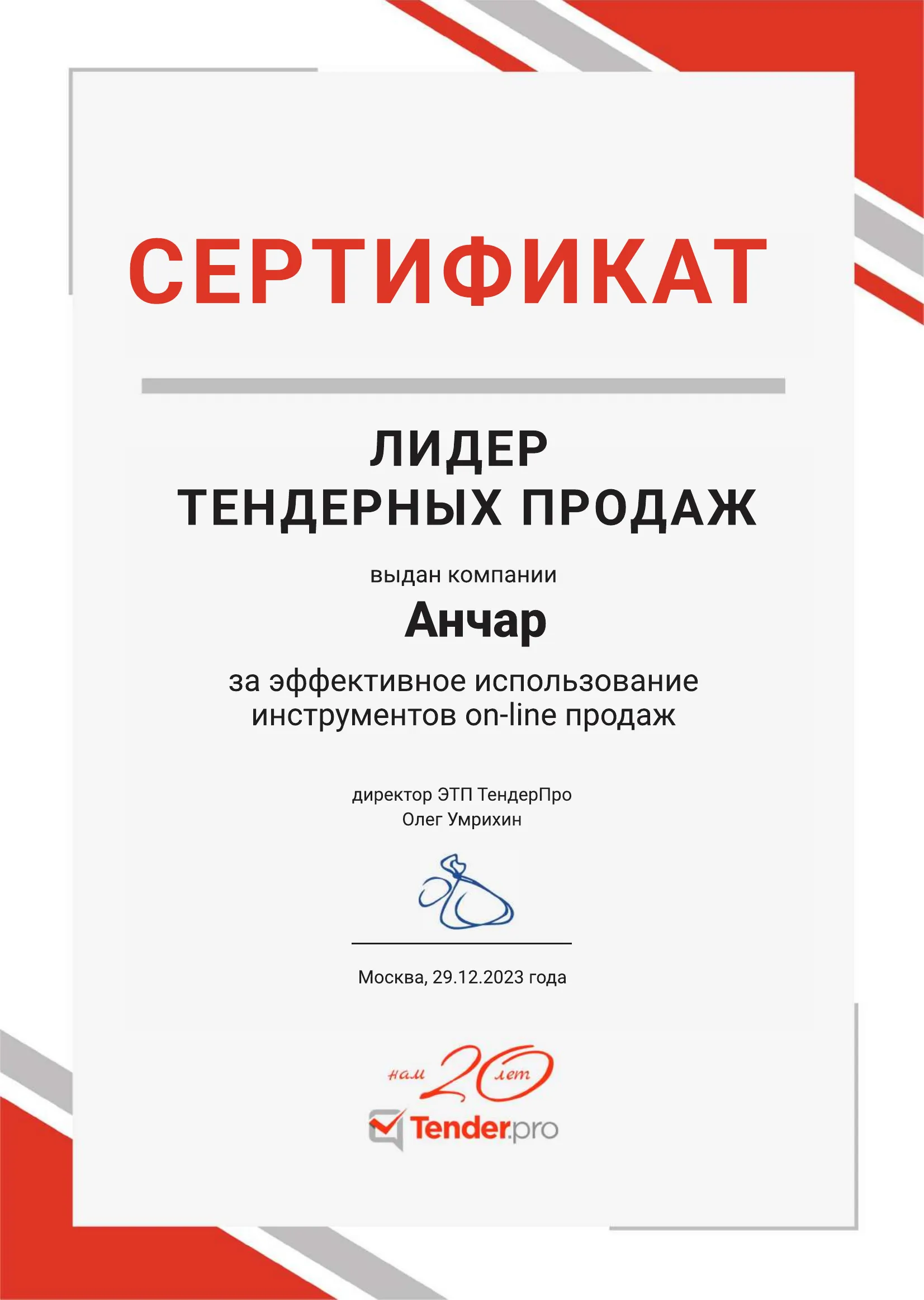 Сертификат «Лидер тендерных продаж», выданный компании «Анчар» электронной торговой площадкой ТендерПро 29 декабря 2023 года